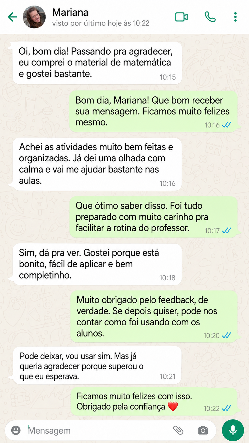 Print de conversa no WhatsApp com Mariana agradecendo pelo material (mensagem original menciona o material de matemática — mesma cliente, testemunho reaproveitado).