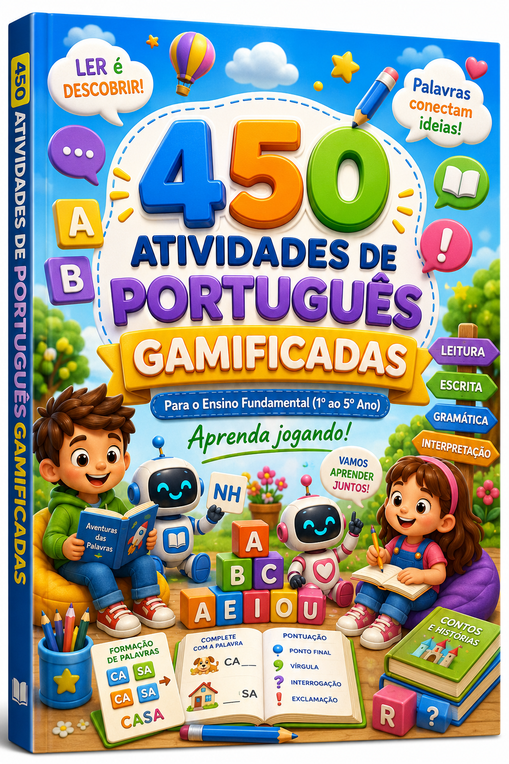 Exemplo de personagens e ícones das Atividades de Português Gamificada.